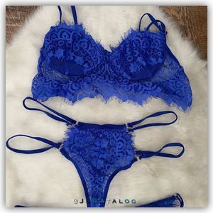 NEW 3-apiece Set of Bra Panties & Suspender Belt in Blue Lace Runs Small Size XL